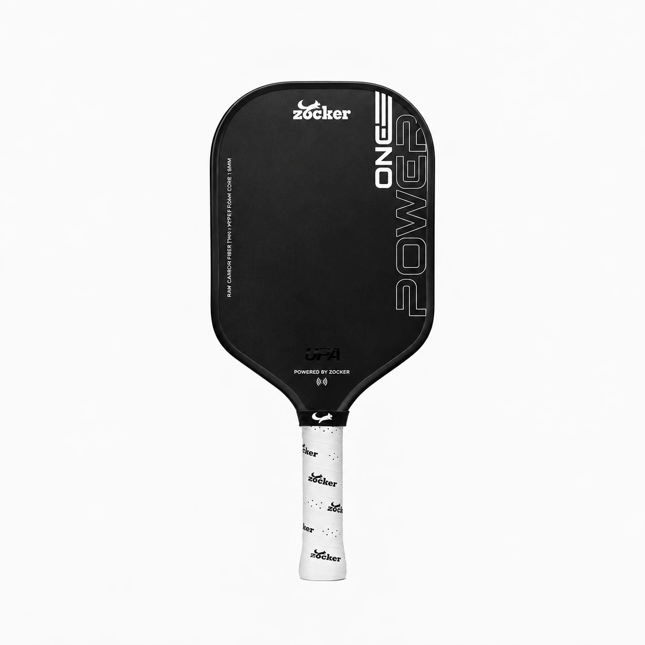 Vợt pickleball Zocker Power One x Đạt Trố màu đen, viền đen đồng màu, mặt carbon và cán trắng.