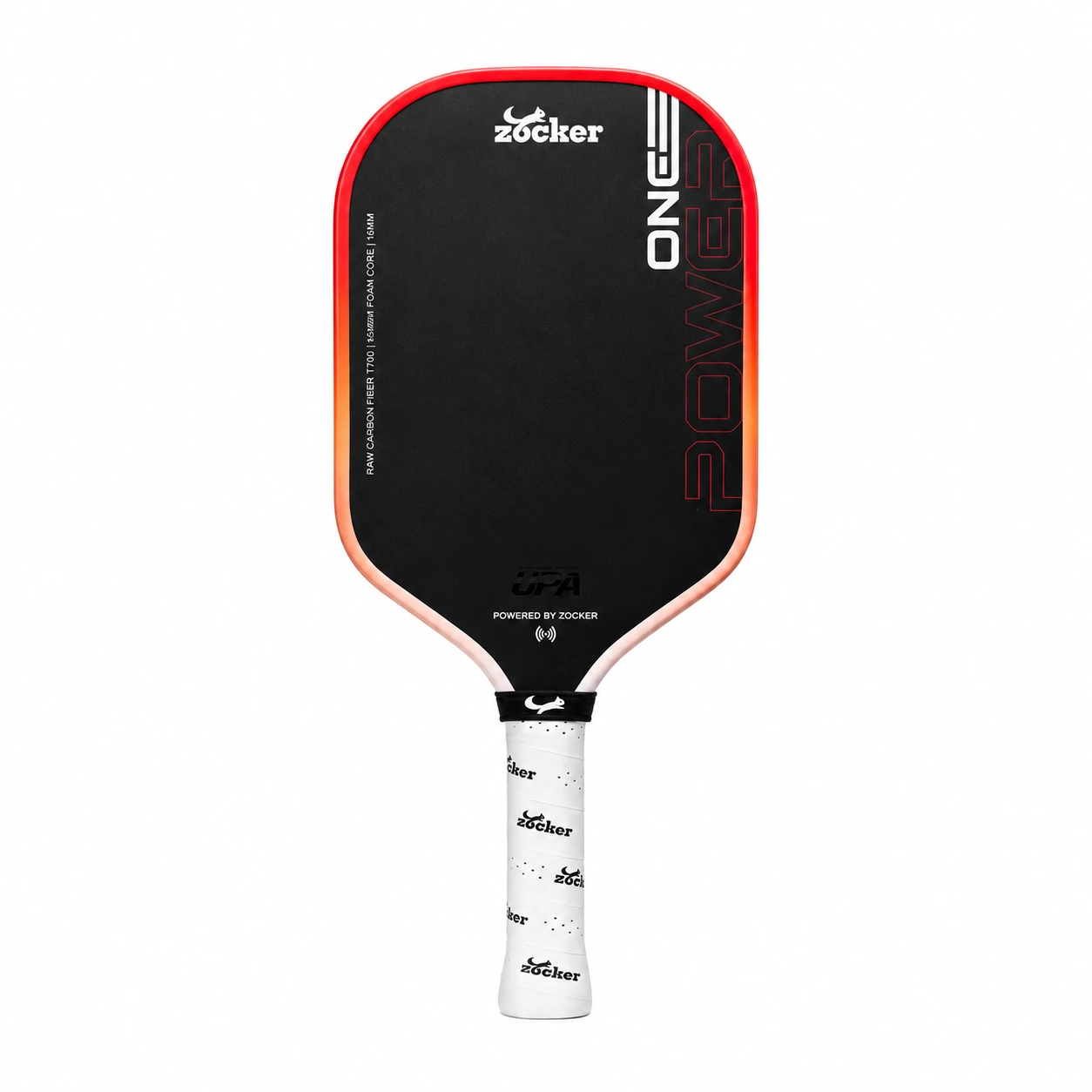 Vợt pickleball Zocker Power One x Đạt Trố màu đỏ, mặt carbon đen, viền đỏ và cán trắng.