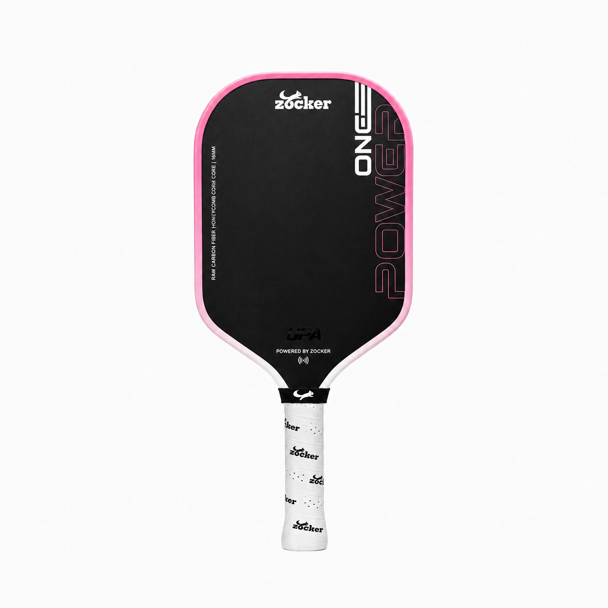 Vợt pickleball Zocker Power One x Đạt Trố màu hồng, mặt đen, viền hồng và cán quấn trắng.