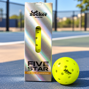 Bóng Pickleball Zocker Five Star Combo 3 Quả chính hãng màu vàng neon, thiết kế 40 lỗ, hộp bạc hologram, phù hợp tập luyện và thi đấu.