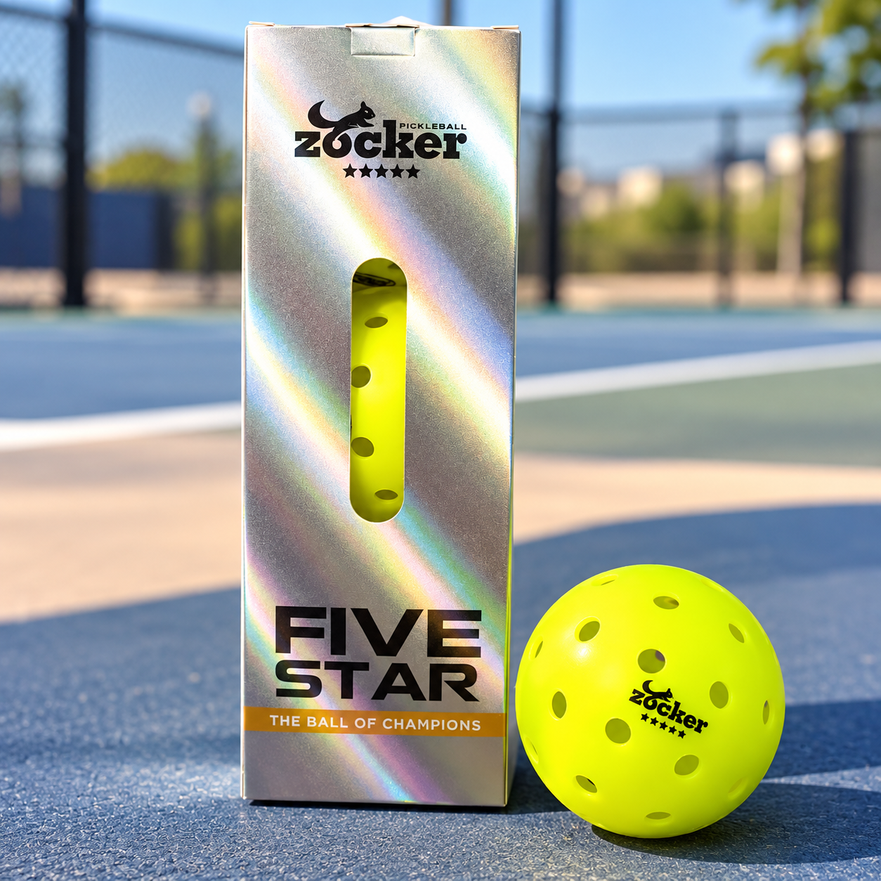 Bóng Pickleball Zocker Five Star Combo 3 Quả chính hãng màu vàng neon, thiết kế 40 lỗ, hộp bạc hologram, phù hợp tập luyện và thi đấu.